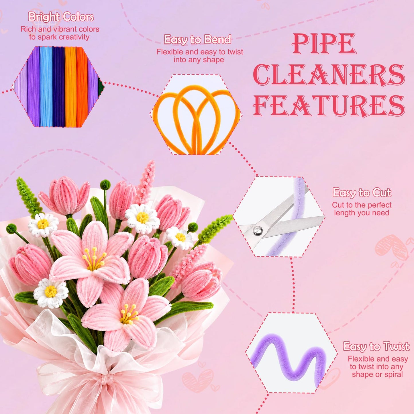 Missicee 800 PCS Pipe Cleaner Flower Kit, DIY Pipe Cleaners Bulk Craft Bouquet Making Kit with 13 Colors Chenille Stems, Floral Wires, Stamen, Ribbon, Instruction, Art and Craft Supplies
