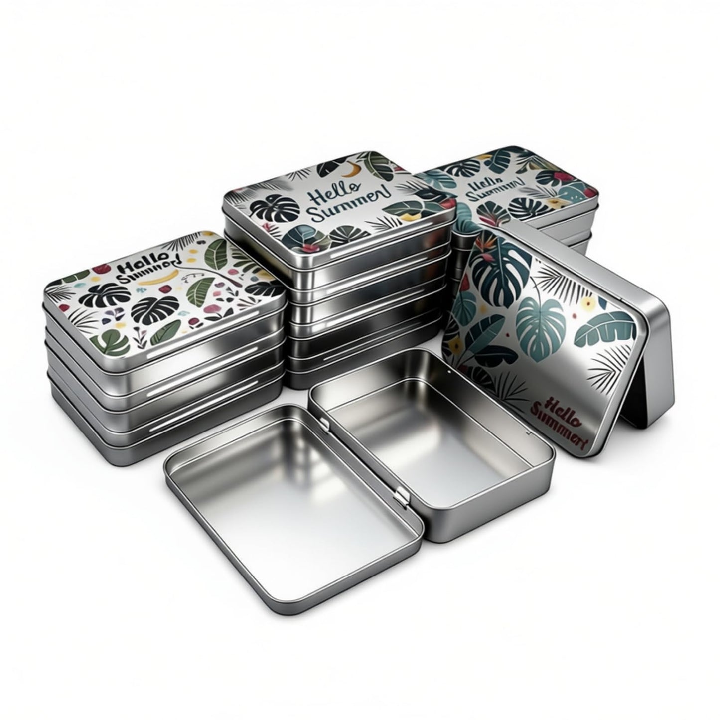 Goodma 12 Pack Empty Rectangular Silver Metal Tins Storage Organizer Gift Boxes with Hello Summer Themed Image Pattern on the Lid, 4.5 x 3.3 x 0.9 inch
