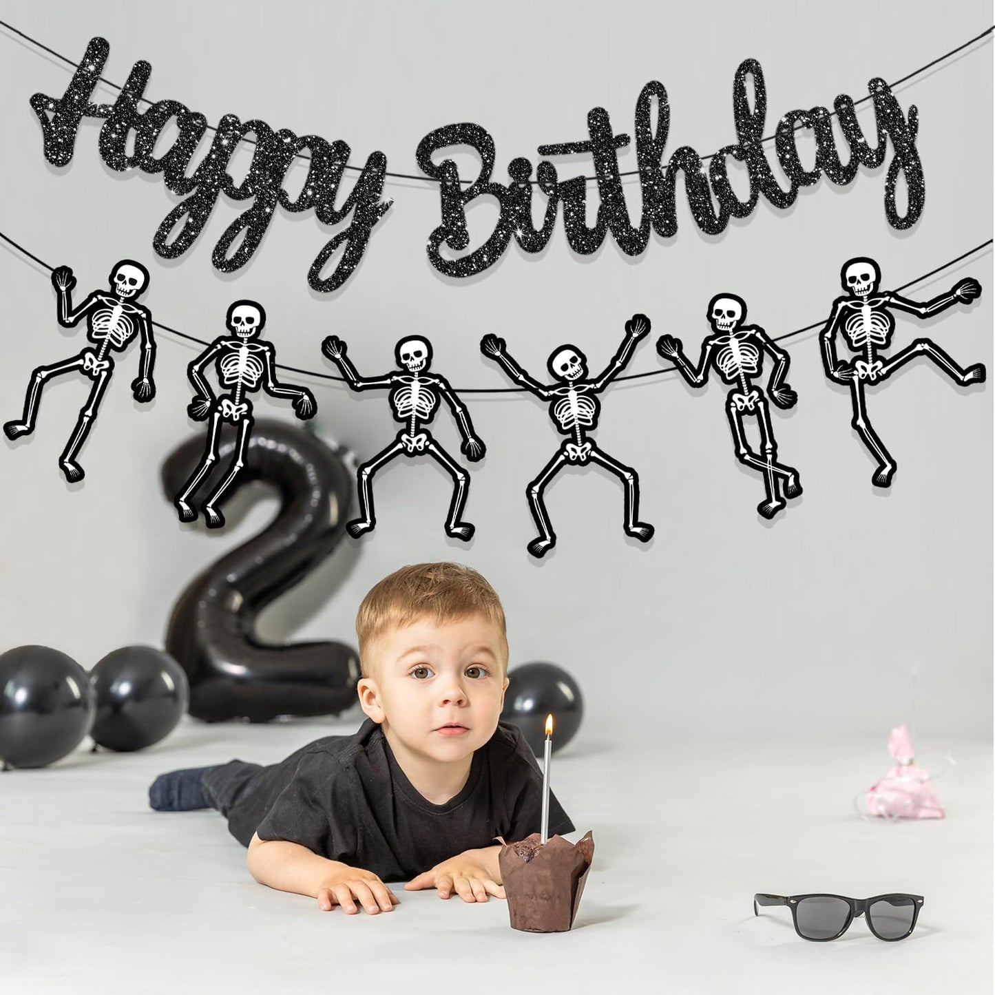 Skeleton Birthday Party Banner Halloween Party Decorations Dancing Skeleton Cutout Banner Glitter Black Skull Party Decoration for Halloween Holiday Celebration Supplies