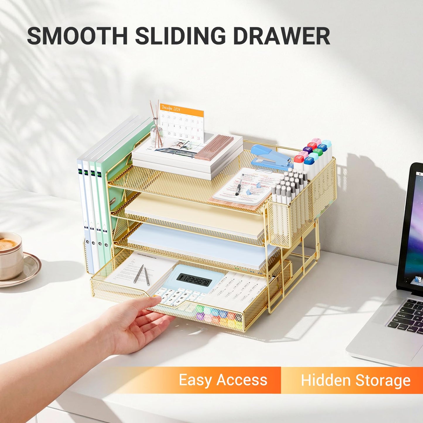 OPNICE Desk Organizers and Accessories, 4-Tier Office Desk Accessories & Workspace Organizers with Drawer and Pen Holder, Desktop Paper Tray File Organizer for Home Office Supplies, Gold