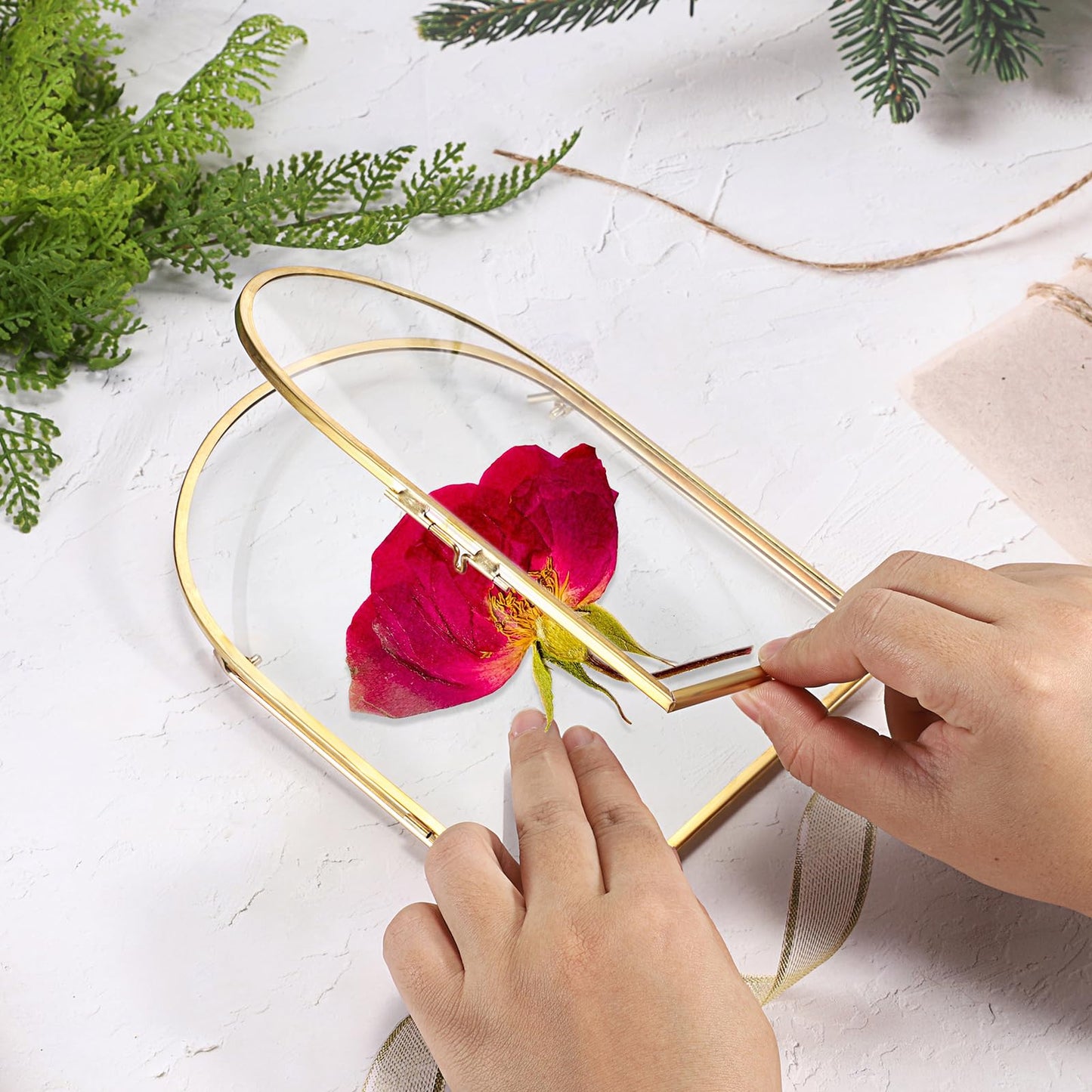JUXYES 3 Pack Tabletop Double Glass Brass Frame for Pressed Flowers, Arch Double Sided Glass Frame Gold Floating Artwork Display Frames for Photo, Picture, Dried Pressed Flower, etc, 5x7 Inches