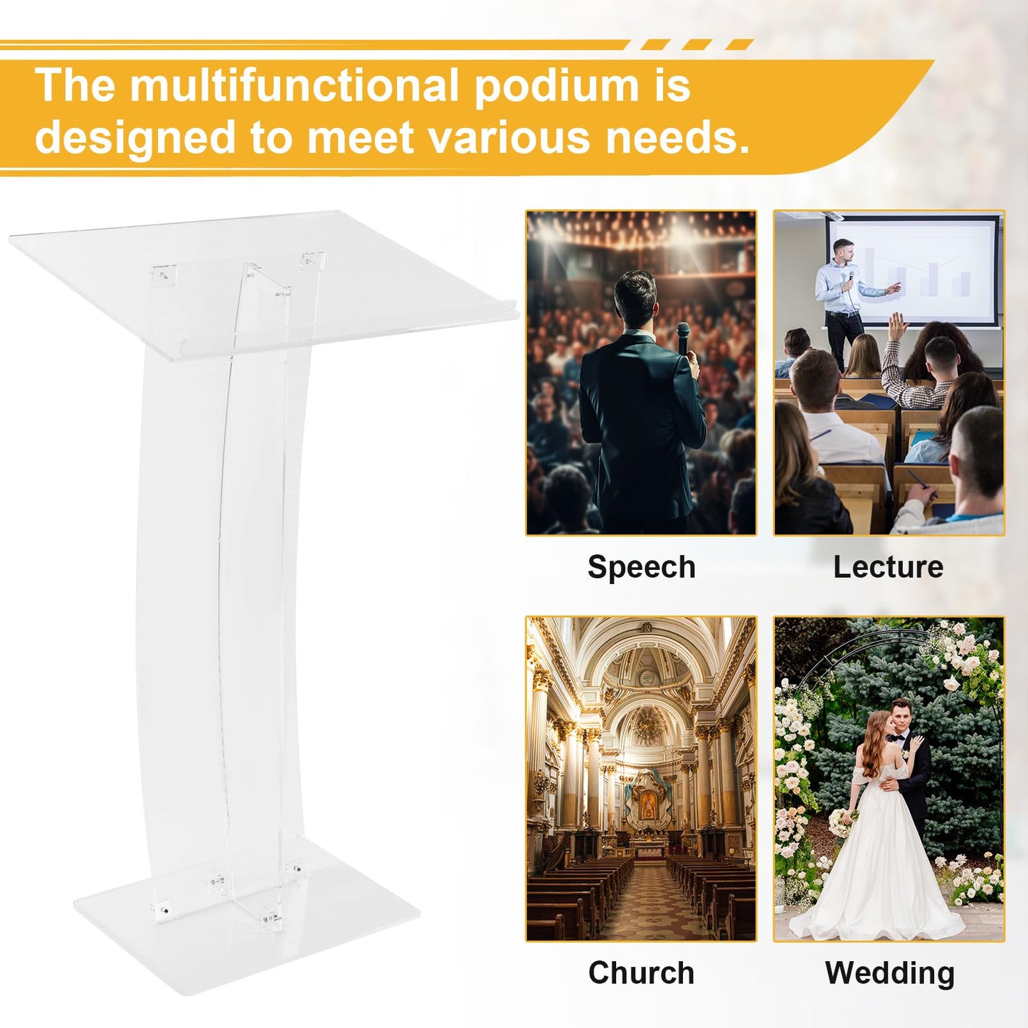 Generic 43.31 Inch Acrylic Clear Stand Up Church Pulpit Transparent Churches Lecterns Presentation Podiums for Classroom/Wedding/Conference/Lecture/Concert