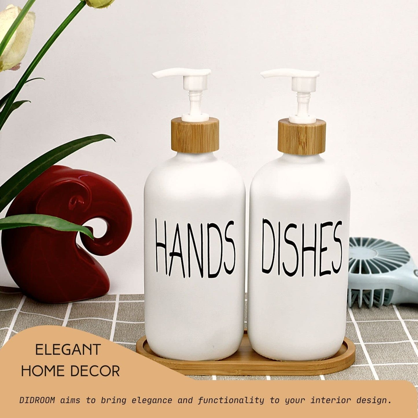 Glass Soap Dispenser Set - Hand Soap and Dish Soap Dispenser with Bamboo Tray. Vintage Soap Dispenser with Pump for KitchenKitchen Drain Outlet and Bathroom. Stylish Permanent Labels (Matte White)