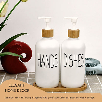 Glass Soap Dispenser Set - Hand Soap and Dish Soap Dispenser with Bamboo Tray. Vintage Soap Dispenser with Pump for KitchenKitchen Drain Outlet and Bathroom. Stylish Permanent Labels (Matte White)