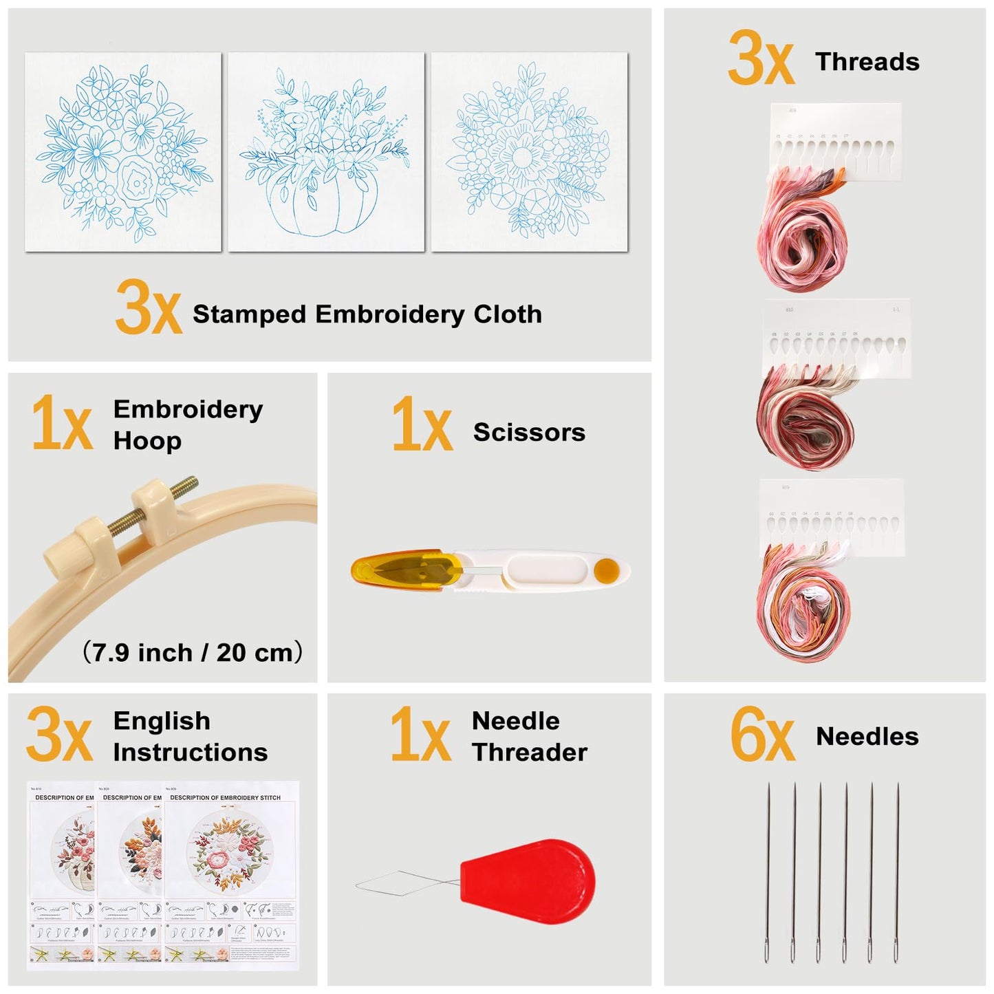 Sivilife Embroidery Kit for Beginners, 3 Sets Stamped Cross Stitch Kits for Beginner, Floral Pattern Embroidery Starter Kits for Adults with Embroidery Hoop Instructions Threads and Needles Scissors