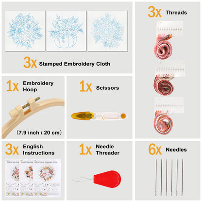 Sivilife Embroidery Kit for Beginners, 3 Sets Stamped Cross Stitch Kits for Beginner, Floral Pattern Embroidery Starter Kits for Adults with Embroidery Hoop Instructions Threads and Needles Scissors
