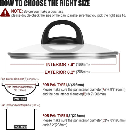 Tempered Glass Pan Lid, 8" Pot Cover with Heat Resistant Handle for Frying Pan, Skillet, Cast Iron, Wok