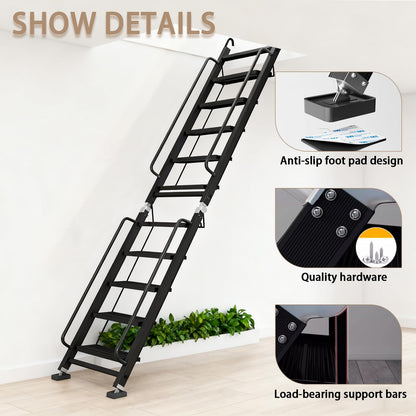 Foldable Aluminum Loft Stairs Ladder, 12 Step Folding Bunk Bed Ladders with Handrails, Portable Anti-Slip Egress Attic Ladder, Floor-Mounted Metal Roof Access Step Ladders for Dorm RV Home Attic Stair