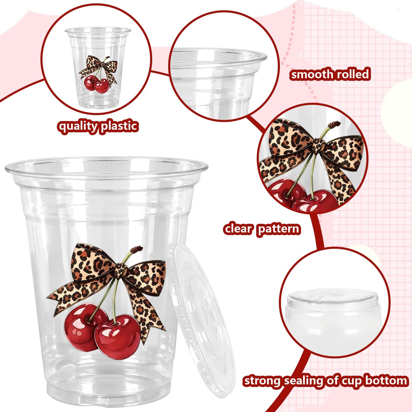 JarThenaAMCS 50Pcs Leopard Cherry Plastic Cups with Lids Straws Disposable Cups 12oz Cheetah Print Red Cherry Drinking Cup for Bride Shower Girls Night Bachelorette Party
