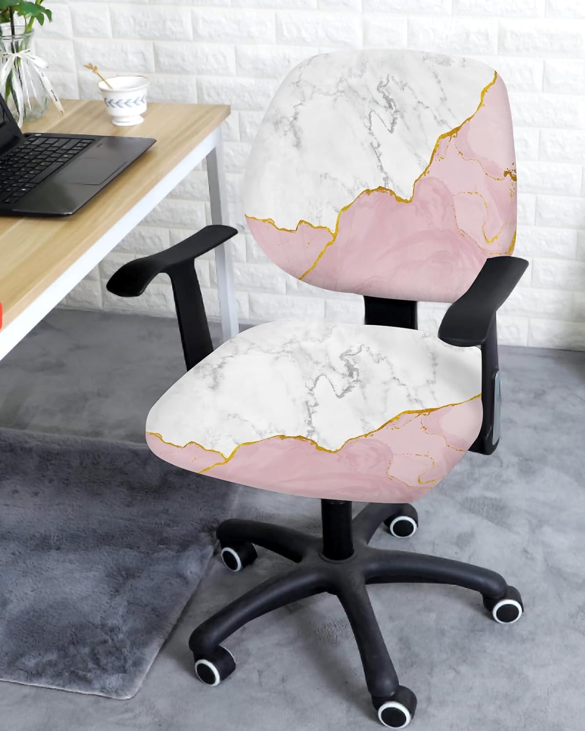 Vandarllin Office Chair Cover, White Gold Blush Pink Stretchable Universal Slipcover with Abstract Marble Agate Design