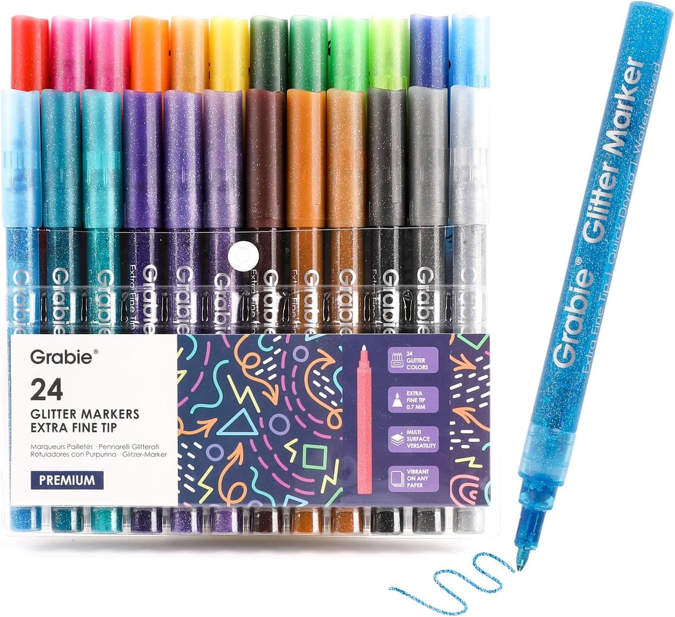 Grabie Glitter Markers, 24 Pack Extra Fine Tip Acrylic Paint Markers, Quick-Drying Water-Based Metallic Glitter Pens for Paper,Card Making, Canvas, Fabric, DIY Craft Supplies for Adult & Kids