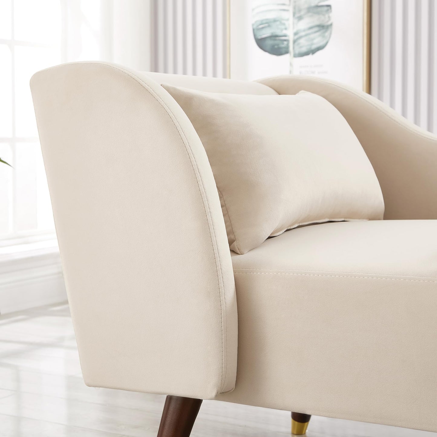 GDFStudio Upholstered Chaise Lounge Chair Indoor, Modern Velvet Recliner Lounge Chair with Removable Pillows, Gold Wood Legs, Backrest & Armrest, Reading Chaise Chair for Living Room Bedroom, Beige
