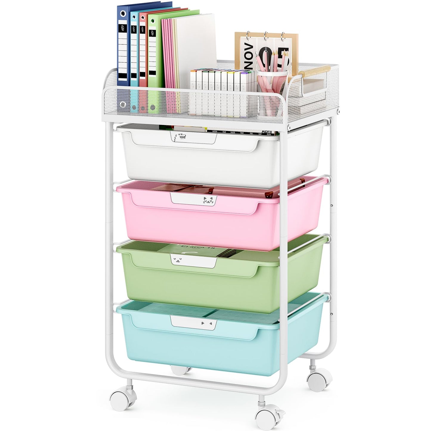 SYKIARIOL Rolling Cart with 4 Drawers,4 Tiers Rolling Utility Cart Craft Cart,Rolling Storage Drawer Cart with Mesh Top,Storage Cart with Drawers & 4 PCS DIY Lable, Classic Colorful
