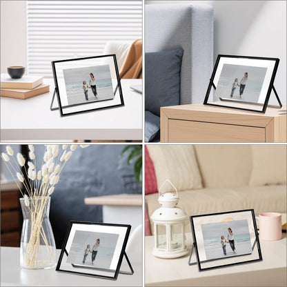 QWORK 6x8 Inch Black Floating Picture Frame Horizontal, Fits 5x7 4x6 3x5 Photos, Glass Double Panel Metal Frame for Tabletop Display