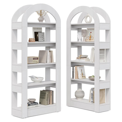 LITTLE TREE 5-Tier Bookshelf, Arch-Shaped Racks, Tall Standing Wooden Bookcase Display Shelf Modern Storage Solution (2, White)