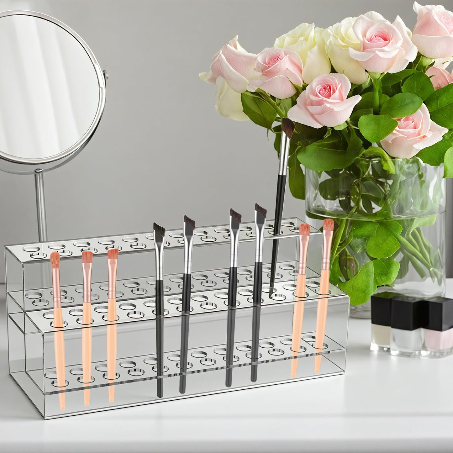 Kifmurase 48 Holes Pen Display Stand, Acrylic Pencil Holder for Craft Shows, Clear Makeup Brush Rack, Beaded Eyebrow Art Brush Organizer, Makeup Tool Organizer for School Office Home Retail Store