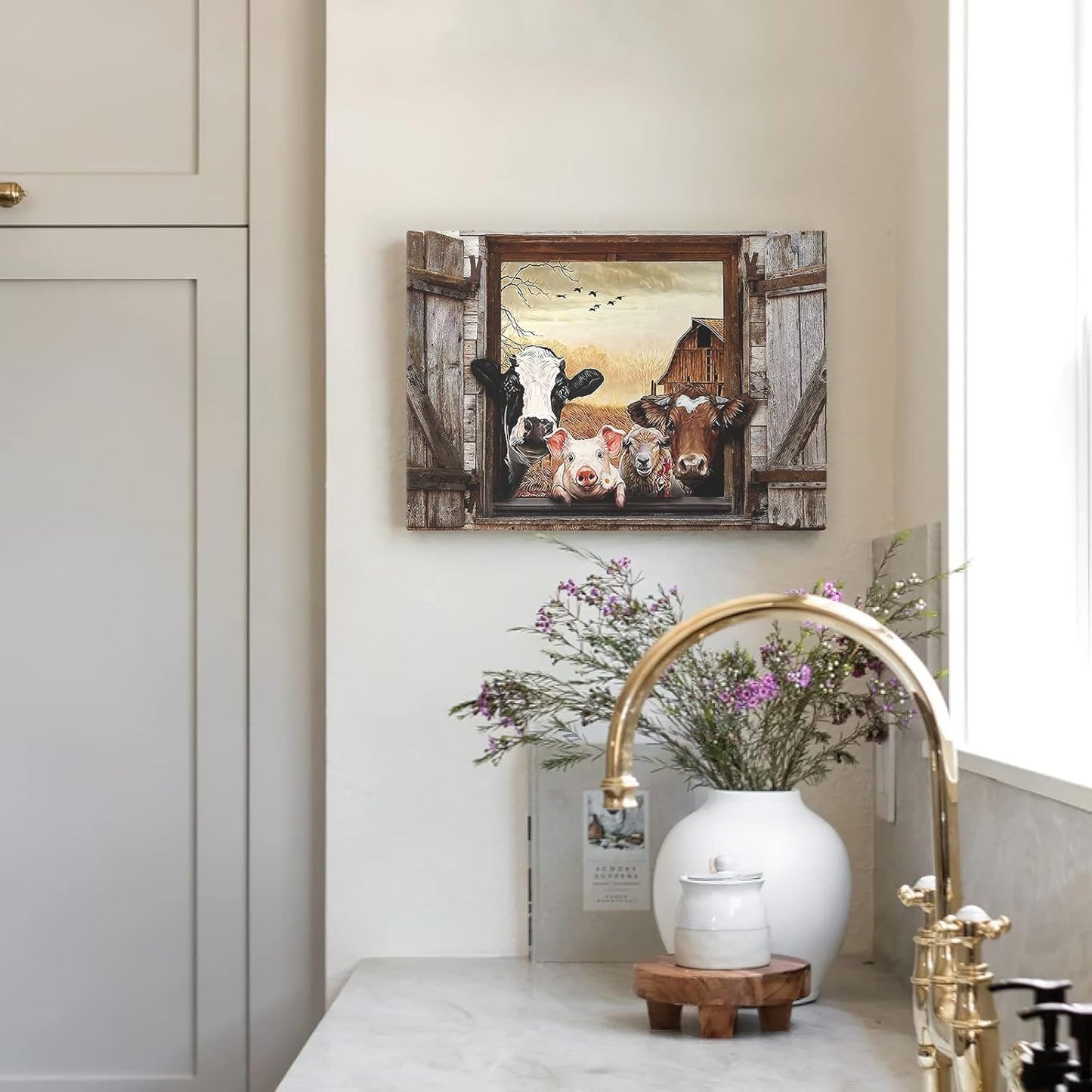 Kasluolo Farmhouse Animals Wall Art, Cow in Fake Window Landscape Picture, Framed Artwork for Bathroom or Office 12x16