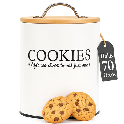 D'Lifeful Cookie Jar with Airtight Bamboo Lid – 0.6 Gallon Cute and Decorative Cookie Storage for Kitchen Countertop – Farmhouse Storage Tin for Freshness – Great Gift Idea