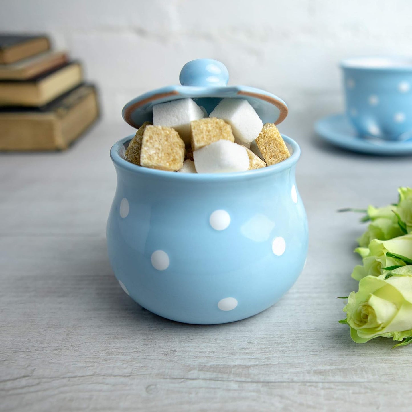 City to Cottage Ceramic Sugar Bowl with Lid, 10oz Container for Coffee Bar, Handcrafted Sky Blue Polka Dot