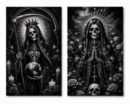 ICE ARMOR Large Set of 2 Black and White Gothic Skeleton Wall Art Canvas Prints, Monochrome Santa Muerte Saint Artwork for Bedroom Decor 16x24 Inch Frameless Canvas Print - Ready to hang