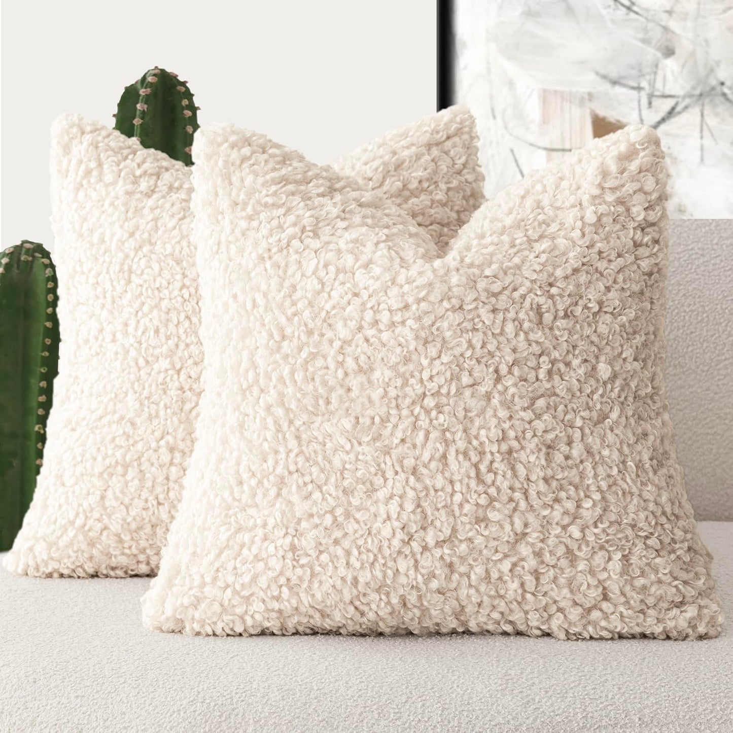 Foindtower 2 Pieces 20x20 Inch Cream Beige, Faux Fur Throw Pillow Cover Accent Sherpa Furry Pillow Covers Fuzzy Soft Pillowcases Cozy Sheepskin Decorative Fleece Cushion Case for Bed Couch Living Room