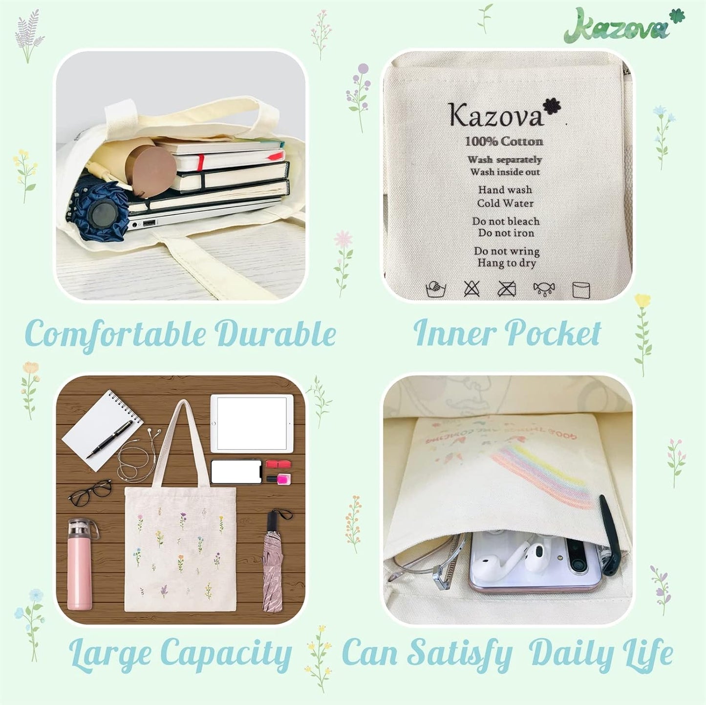 Kazova Floral Cotton Canvas Tote Bag, Aesthetic Flower Tote Minimalist Reusable Bag with Handles