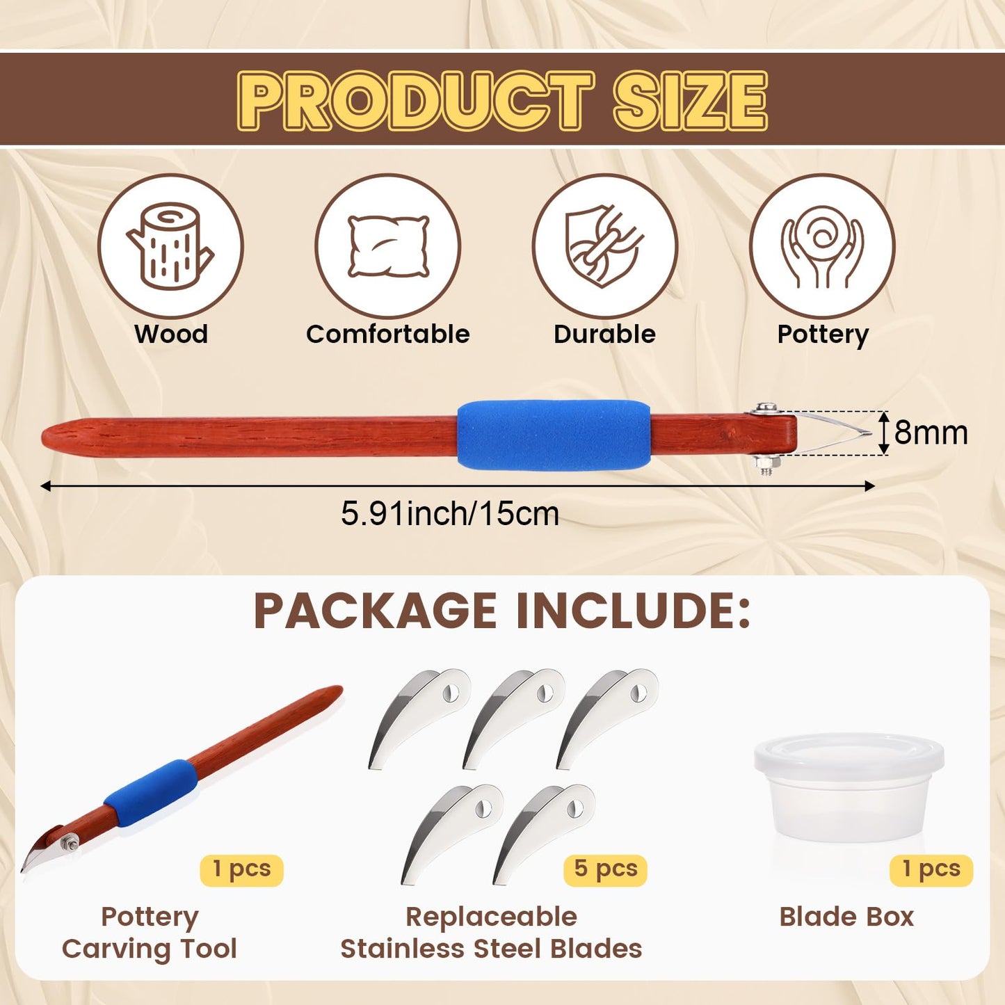 Lanties Pottery Carving Tools Set Include 5 Stainless Steel Blades & Red Pear Wood Handle, Sculpture Scraper Craft Modelling Tools for Clay, Ceramic Sculpting, Graffito, Relief Art (V-tip)
