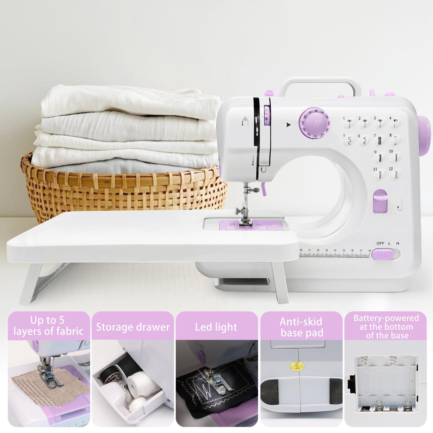Sewing Machine with Extension Table, Mini Sewings Machines Portable Electric Sewing Machine, 12 Stitches Sewing Machines with LED Light, Sewings Accessory Kit, Ideal for Clothing, Pillowcases, Sheets