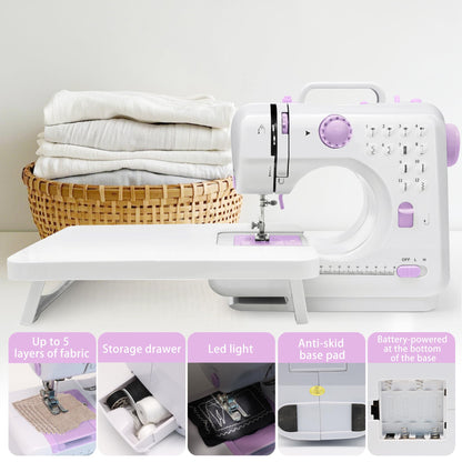 Sewing Machine with Extension Table, Mini Sewings Machines Portable Electric Sewing Machine, 12 Stitches Sewing Machines with LED Light, Sewings Accessory Kit, Ideal for Clothing, Pillowcases, Sheets