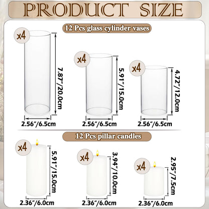 ZJGXH 24 Pcs White Pillar Candles and Glass Cylinder Vases Clear Glass Pillar Candle Holders Hurricane Glass Candle Holders for Table Centerpieces Wedding, Party, Event, Home Office