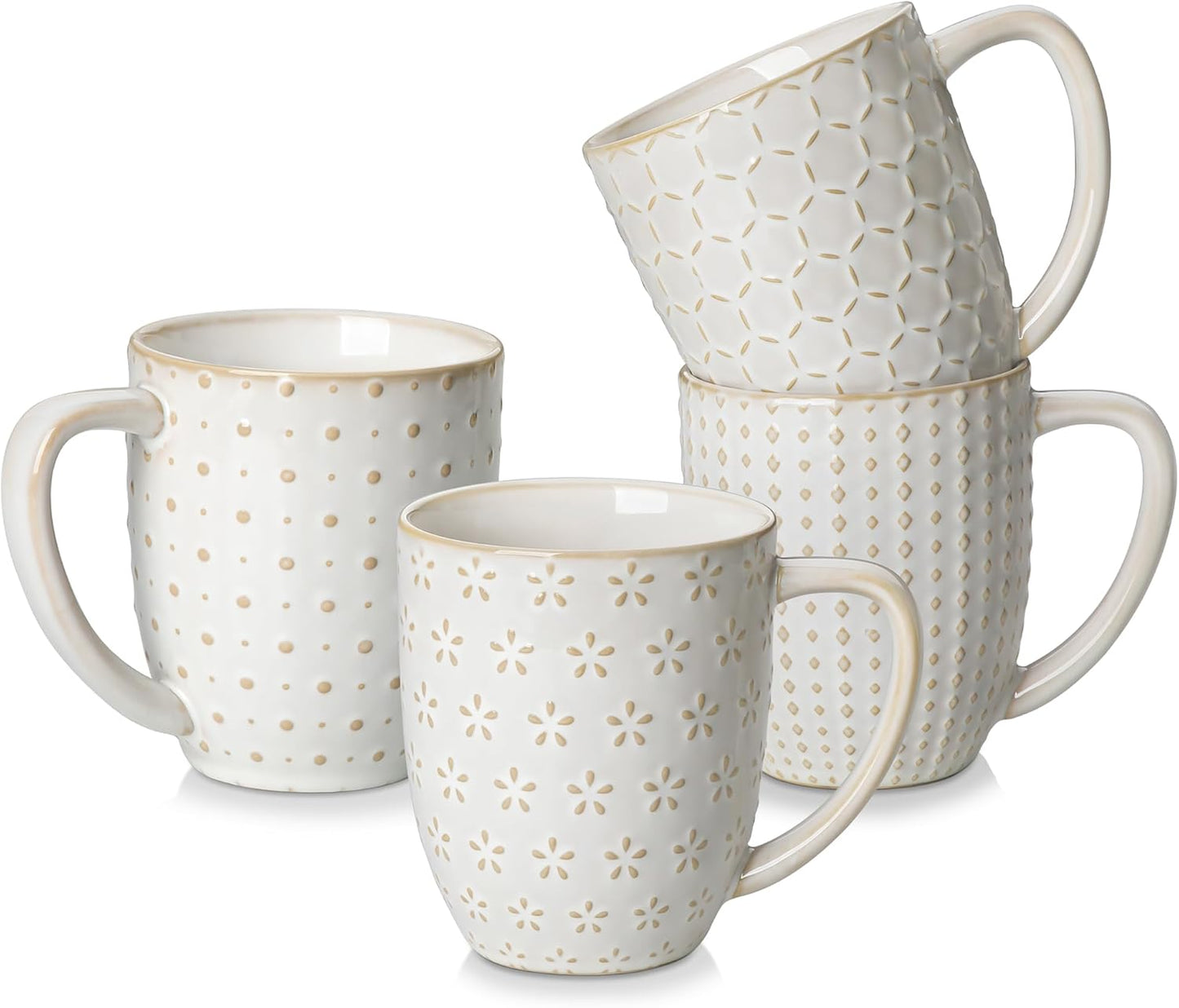 16 OZ Set 4 Set, MALACASA LYDIA Coffee Mugs, Ceramic Mugs of with Handle, Embossment Cups for Latte, Hot Tea