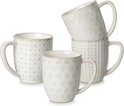 16 OZ Set 4 Set, MALACASA LYDIA Coffee Mugs, Ceramic Mugs of with Handle, Embossment Cups for Latte, Hot Tea