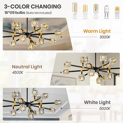 Sputnik Chandeliers with16-Light,Modern Black and Gold Crystal Chandelier, Mid Century Ceiling Light Fixture for Dining Room, Kitchen Island,Foyer,Living Room,Bedroom