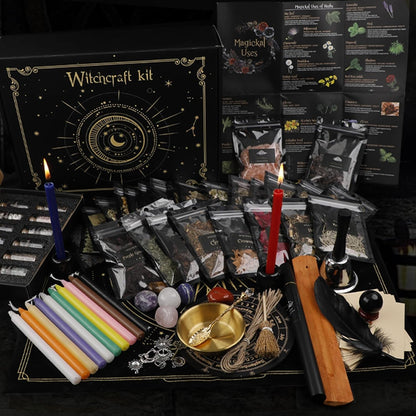 132 Witchcraft Supplies Kit PCS, Wiccan Supplies and Tools, Including Witchcraft Herbs, Spell Candles, Crystals