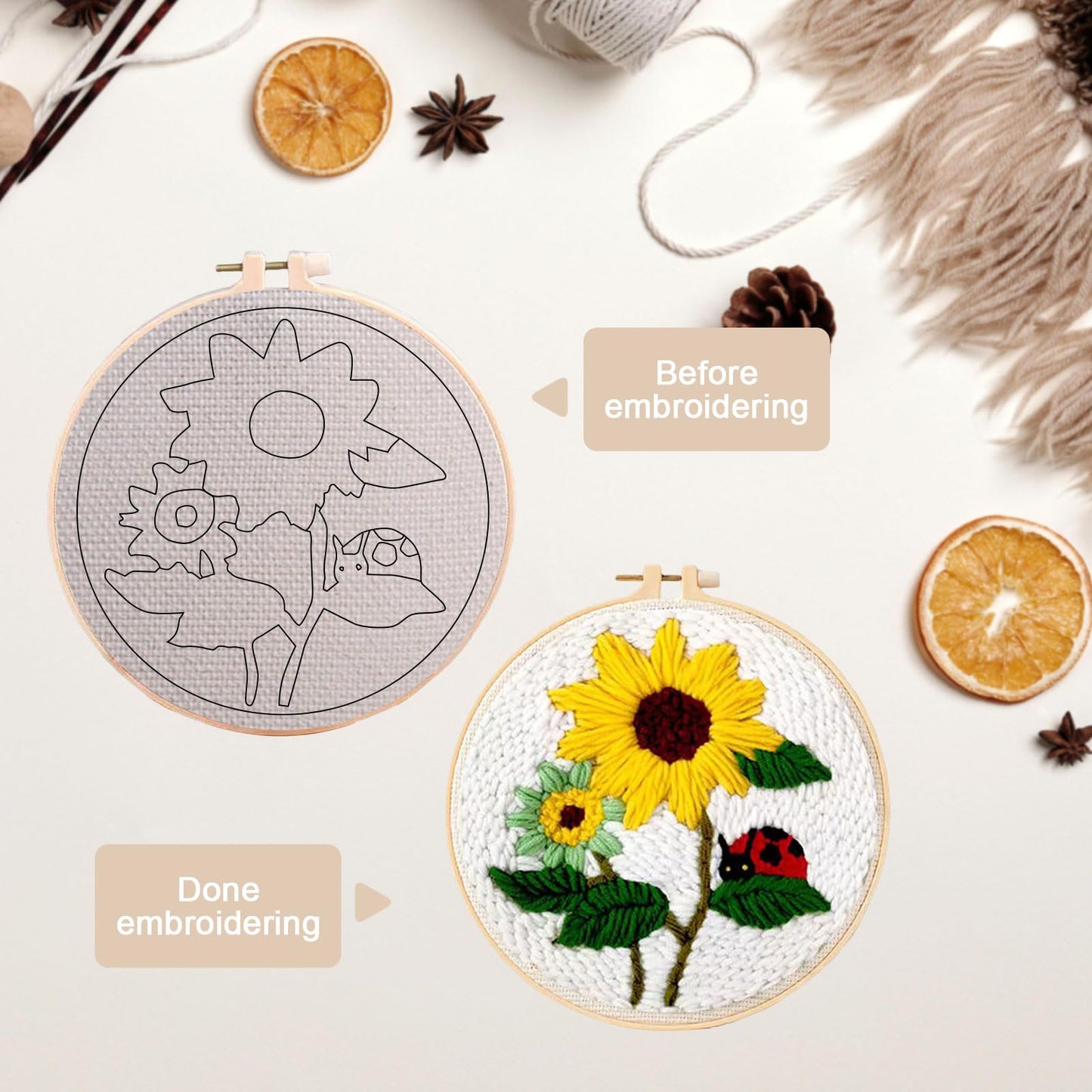 PYHIRRY Punch Needle Kits Adults Beginner Sunflower-with Tool, Hoop, Yarn, Fabric & Video Tutorials -Complete Punch Needle kit for Home Decor Craft for Wall Art & Gifts