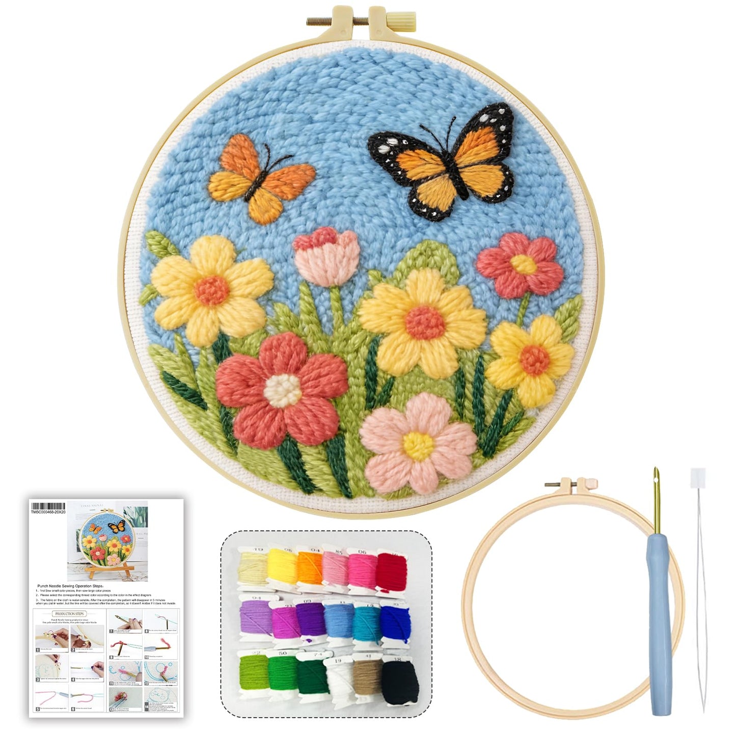 JOZYSH DIY Punch Needle Kits for Beginners Cute Cartoon Butterflies with Spring Flowers with Hoop Embroidery Punch Needle Starter Craft Set Easy for Adults Festival Gift and Decoration
