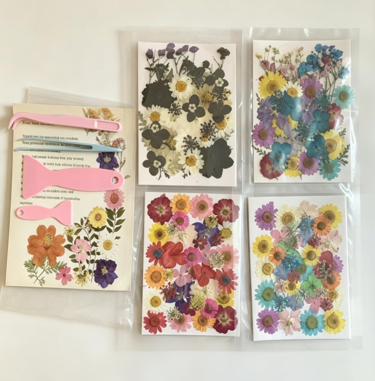 Tessera 160+ Pcs Real Pressed Flowers for Resin & Crafts - 4 Themed Dried Flower Sheets with 4-Piece DIY Tool Kit - for Resin Jewelry Making, Scrapbooking Supplies, Nail Art, Candle & DIY Gifts