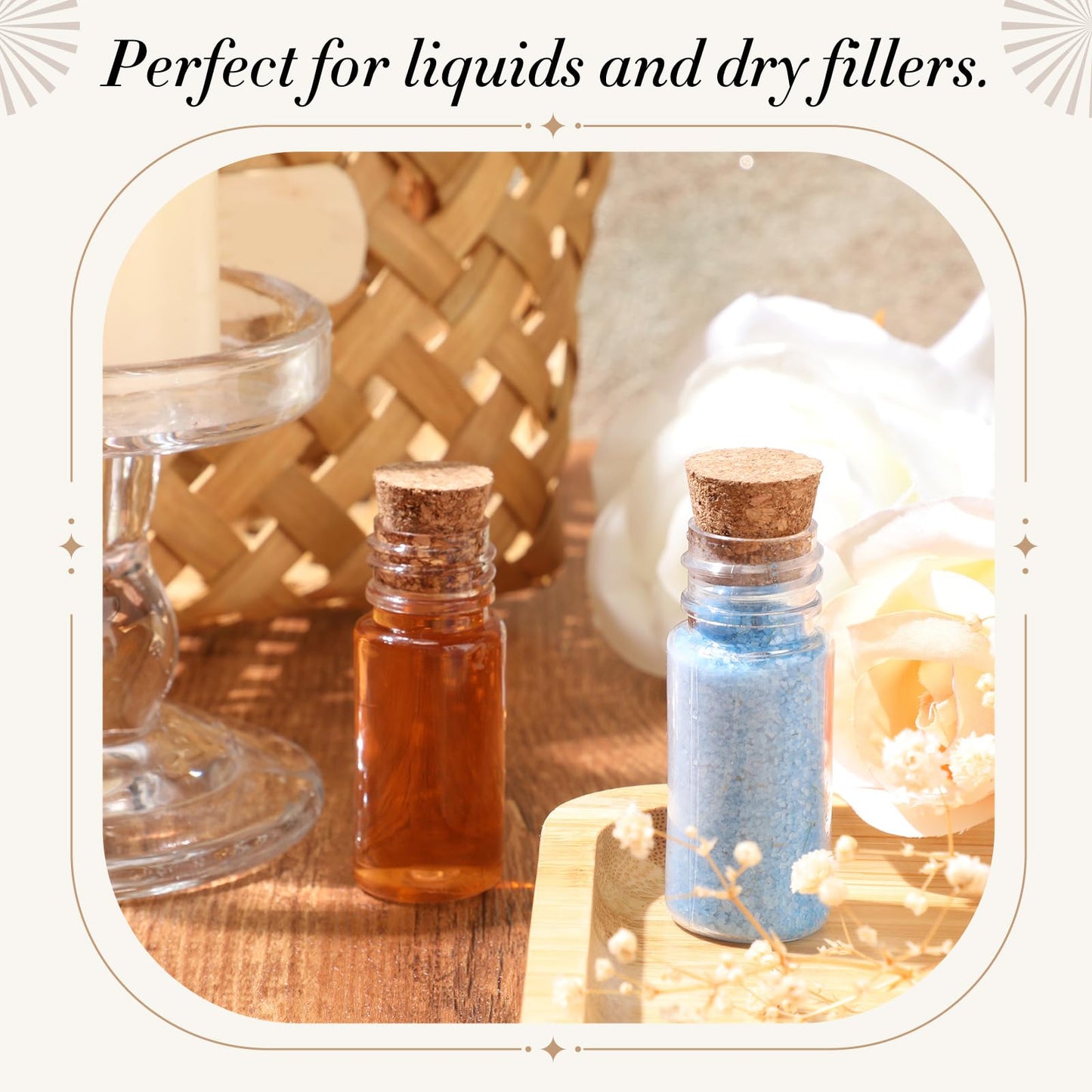 Bokon 50 Packs Mini Plastic Bottles with Corks Stoppers Eye Screws Funnels Small Potion Bottles Tiny Clear Sand Art Jar Wishing Vial for Birthday Party DIY Crafts Gift (1 x 2.28 Inch)