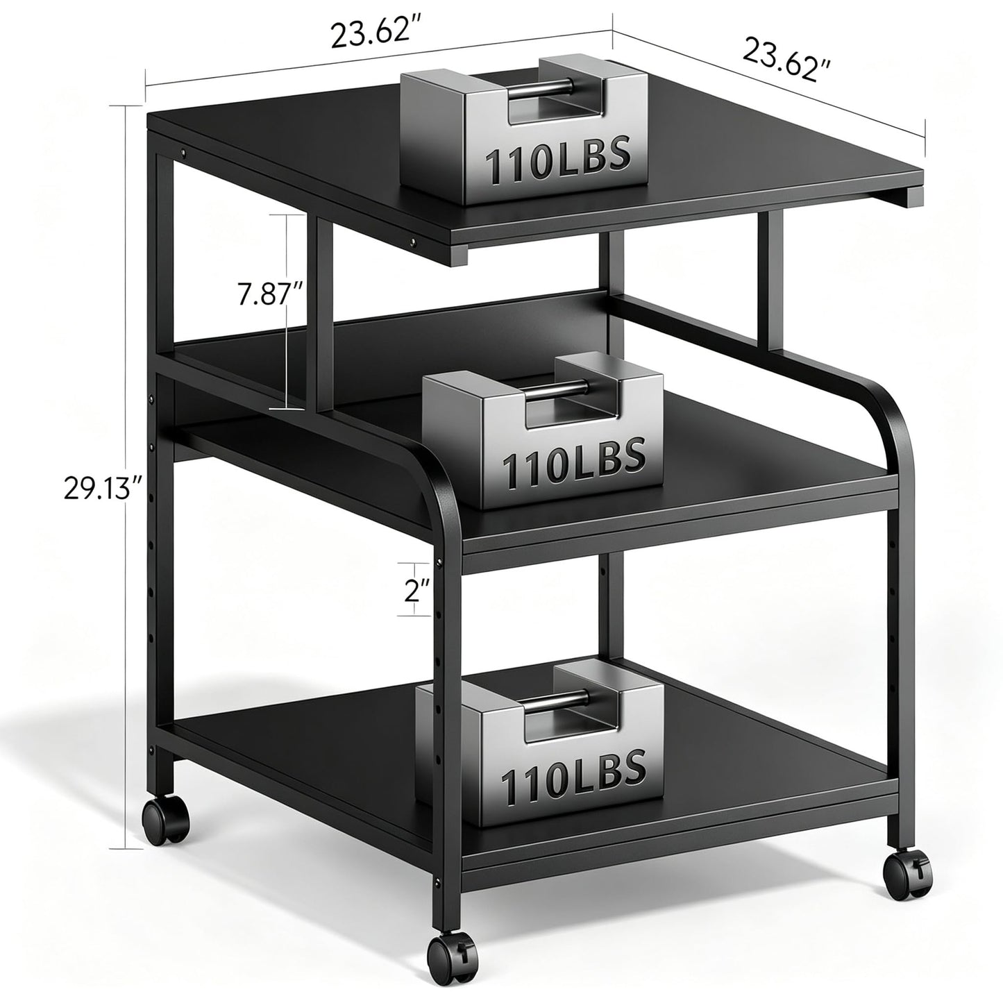 Warmiehomy Printer Stand, 24''×24''×29'' Large Printer Table for Home Office with Locking Casters, Sturdy 3-Tier Rolling Cart with Adjustable Shelf, Mini Fridge Stand, Home Office Essentials, Black