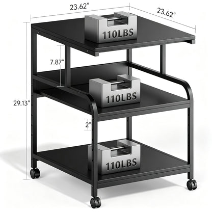 Warmiehomy Printer Stand, 24''×24''×29'' Large Printer Table for Home Office with Locking Casters, Sturdy 3-Tier Rolling Cart with Adjustable Shelf, Mini Fridge Stand, Home Office Essentials, Black