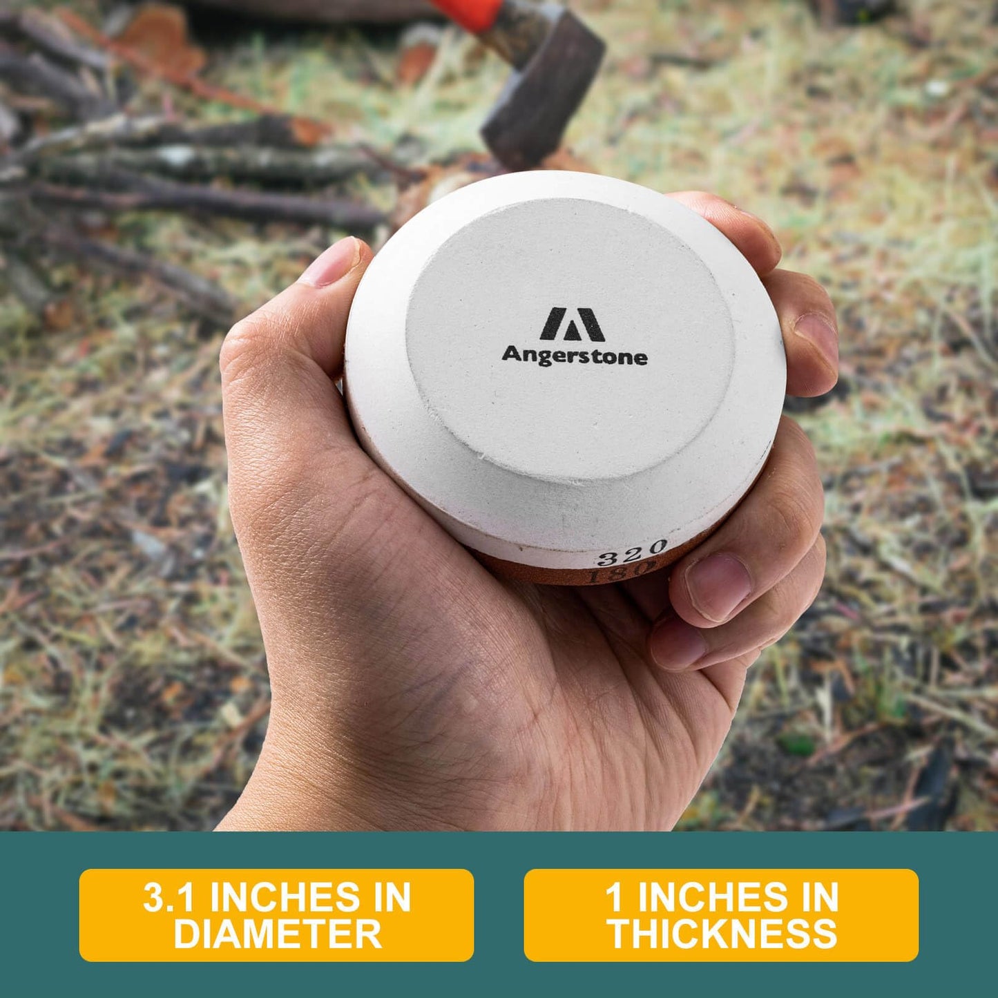 Angerstone Axe Sharpener - Multipurpose Axe/Hatchet Sharpening Stone - Whetstone Blade & Tool Sharpener, Dual Grit 180/320 Sharpening Puck with Leather Sheath