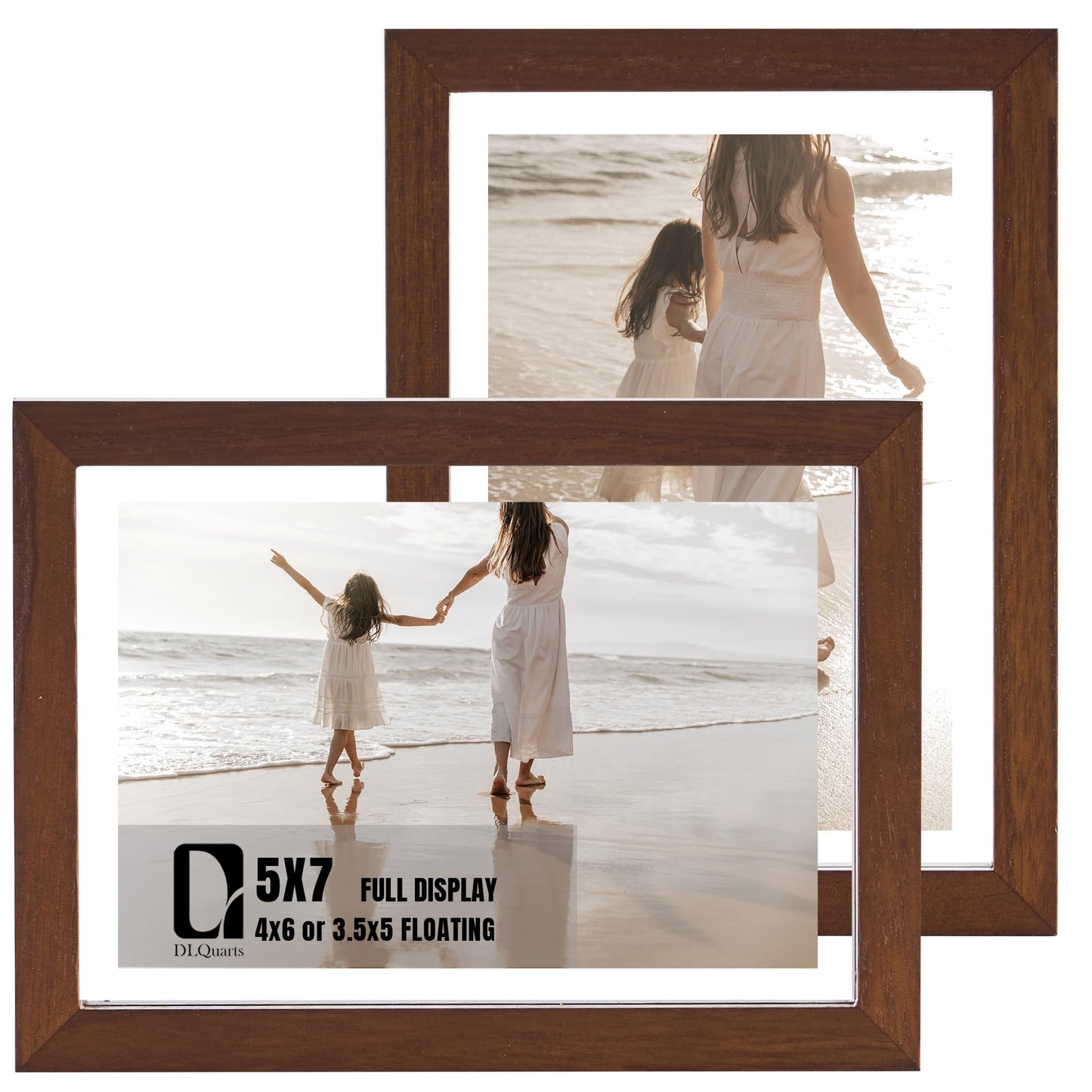 DLQuarts 5x7 Floating Picture Frames for 4x6/3.5x5 Photos, 2-Pack Solid Wood Double Polished Glass Floating Frame for Wall & Tabletop, Postcards and Any Size Photo up to 5x7 Display, Dark Walnut