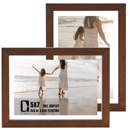DLQuarts 5x7 Floating Picture Frames for 4x6/3.5x5 Photos, 2-Pack Solid Wood Double Polished Glass Floating Frame for Wall & Tabletop, Postcards and Any Size Photo up to 5x7 Display, Dark Walnut