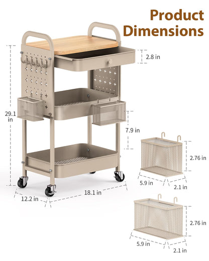 ALVOROG Rolling Cart with Drawer and Wood Table Top, 3 Tier Metal Rolling Utility Cart on Wheels with DIY Pegboards, Hanging Baskets, Hooks for Kitchen, Bedroom, Office, Craft Supplies