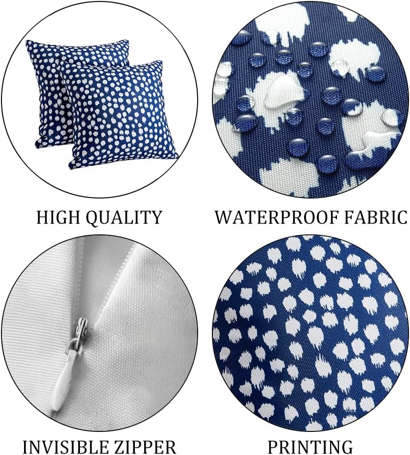 Outdoor Pillow Covers 18x18, Set of 2 Blue Polka Dot Waterproof Decorative Pillow Cases for Summer Outdoor Sofa Bed