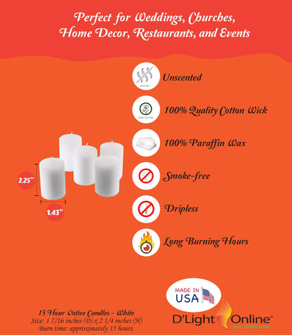 D'light Online 15 Hour Unscented White Emergency and Events Bulk Votive Candles for Wedding Votives, Luminary Candles, Restaurants, Churches and Decorations (Set of 144 - White, 15 Hour)