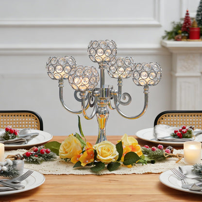 5 Arm Metal Crystal Candelabra Centerpiece - 13.4 Inch Elegant Candle Holder with Crystal Beads for Wedding Party Christmas Home Dining Table Decoration (2, Silver)