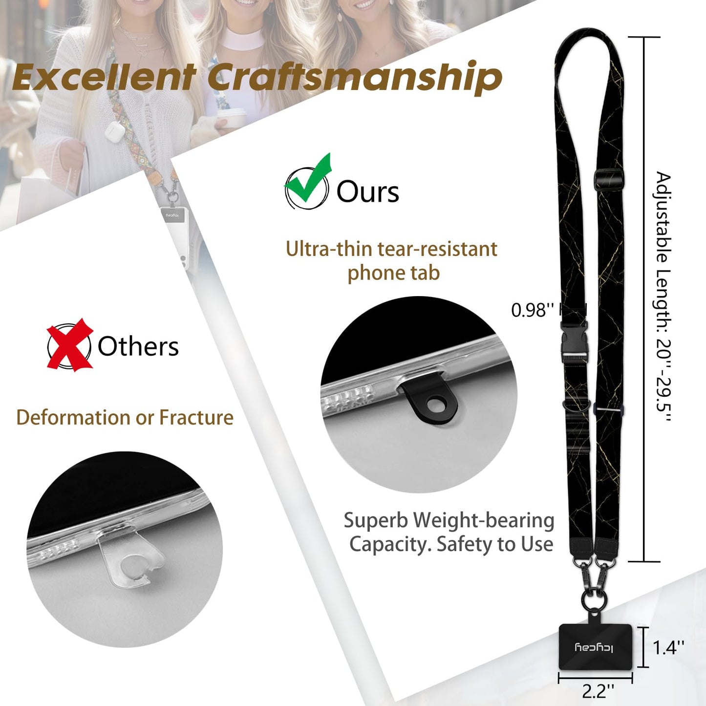 Icycay Phone Lanyard Crossbody, Black Marble Cell Phone Strap for Around The Neck Adjustable, Anti Theft Cute Lanyard for iPhone Case ID Holder Keys Accessories Travel Essential
