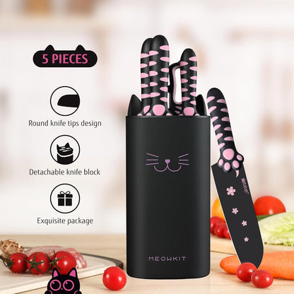 Cute Kitchen Knife Set, 5-Piece Non-Stick Knives with Detachable Block & Scissors, Sharp Kitchen Knives for Home