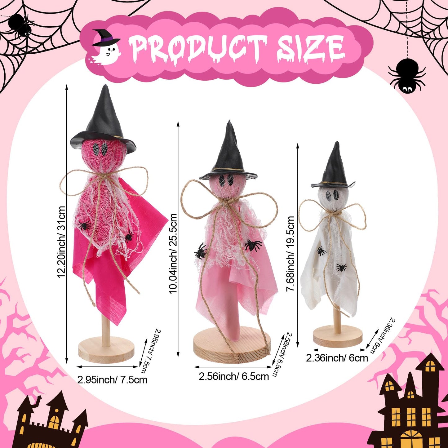 Kathfly 5 Pcs Halloween Ghost Decorations Indoor Primitive Halloween Ghosts with Witch Hat Wooden Stand Pink Ghost Wooden Centerpieces for Home Office Table Tiered Tray Mantel Party Decor
